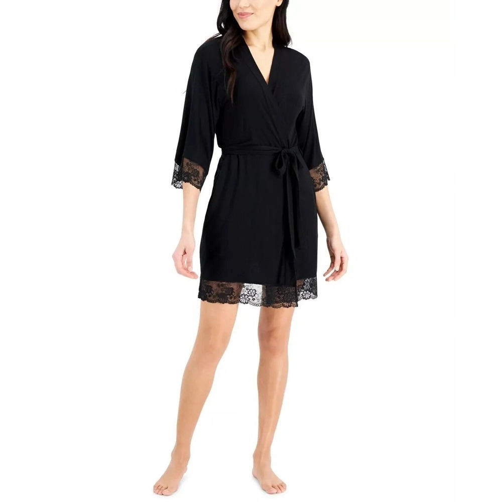 INC International Concepts Lace Trim Short Kimono Style Robe Deep Black S